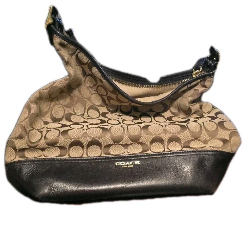 Coach 25830 Signature Canvas Leather Trim Shoulder Hobo Bag Khaki Brown